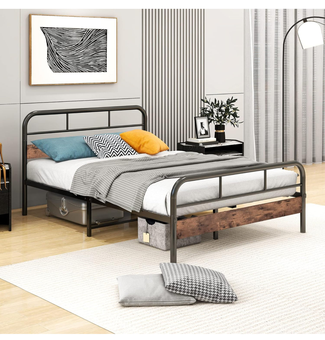 Double Bed Frame with Wood Headboard