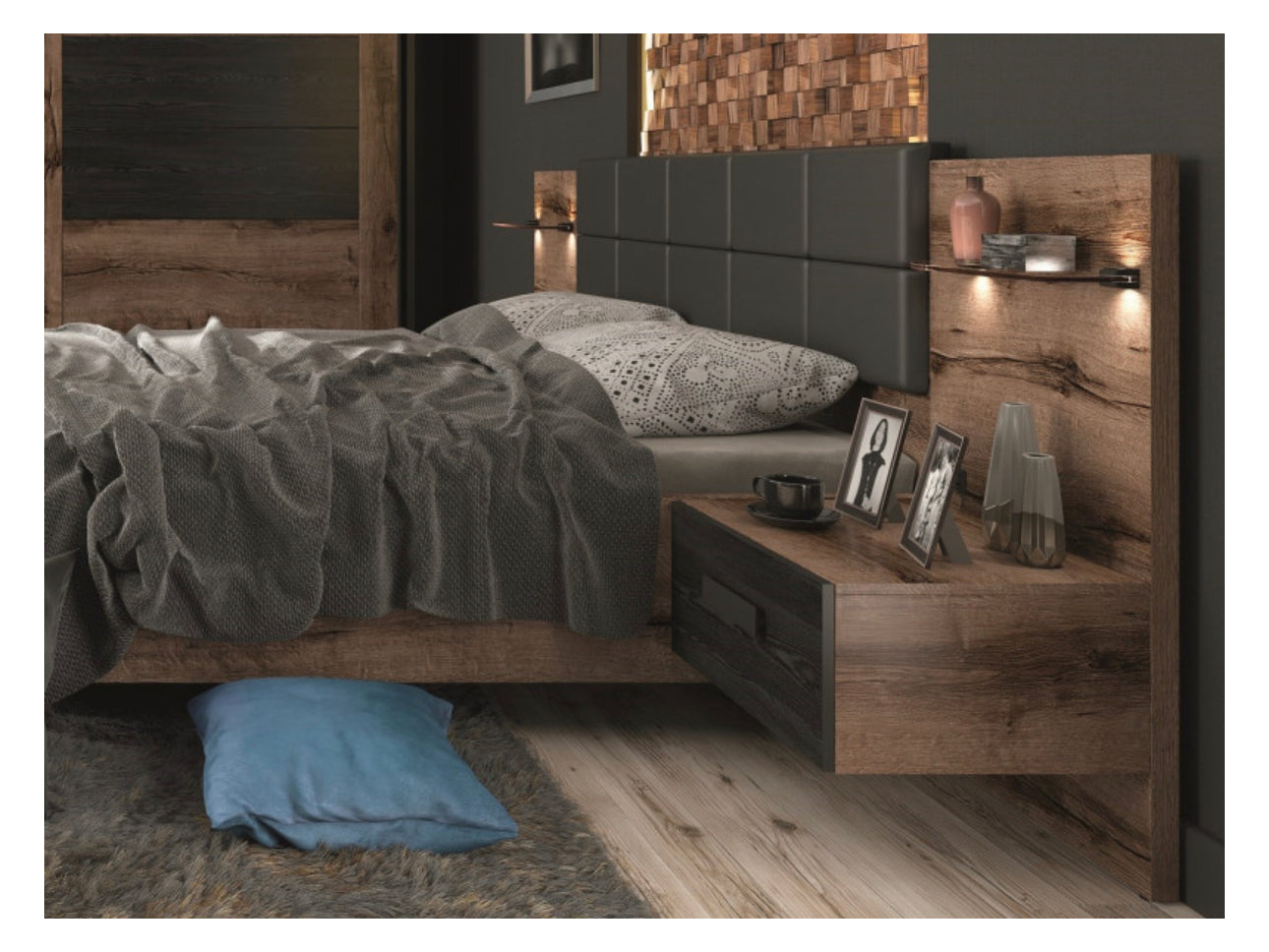 King Size Bed Euro Frame Built-in Bedside Cabinets USB LED Lights Oak/Black