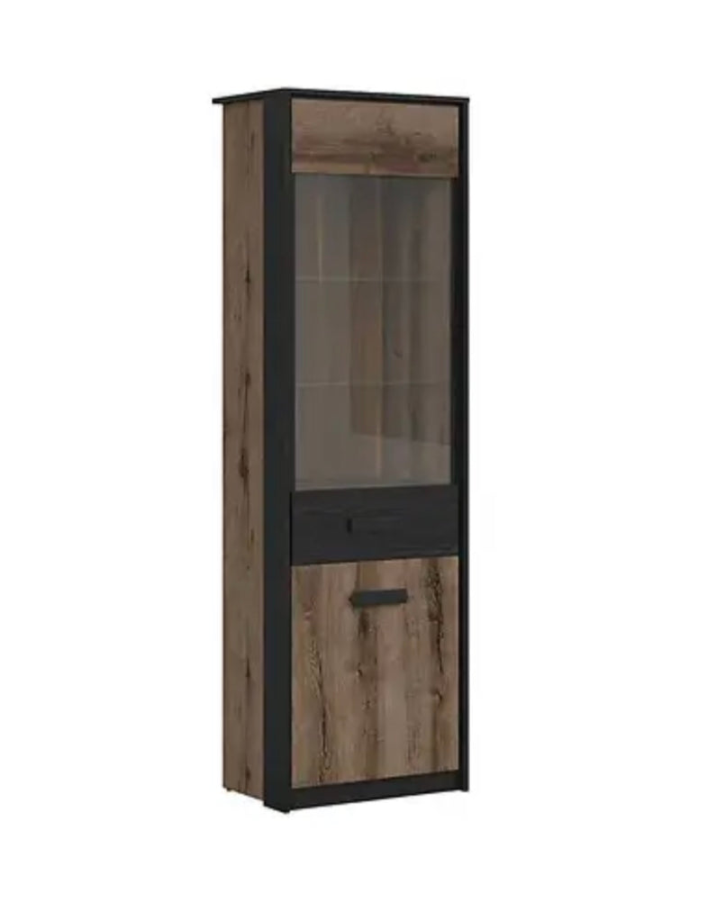 Tall Glass Display Cabinet Slim Shelf Unit Buffet LED Lights Oak/Black Effect