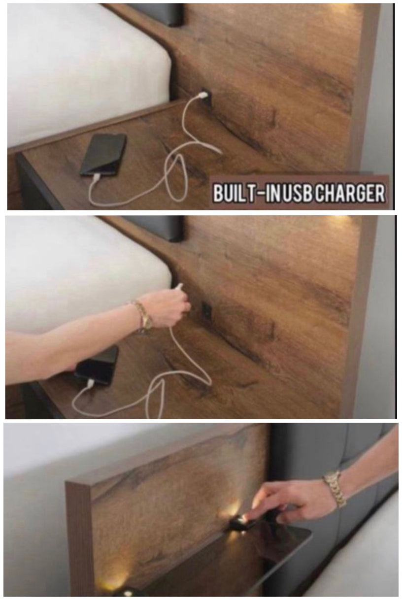 King Size Bed Euro Frame Built-in Bedside Cabinets USB LED Lights Oak/Black