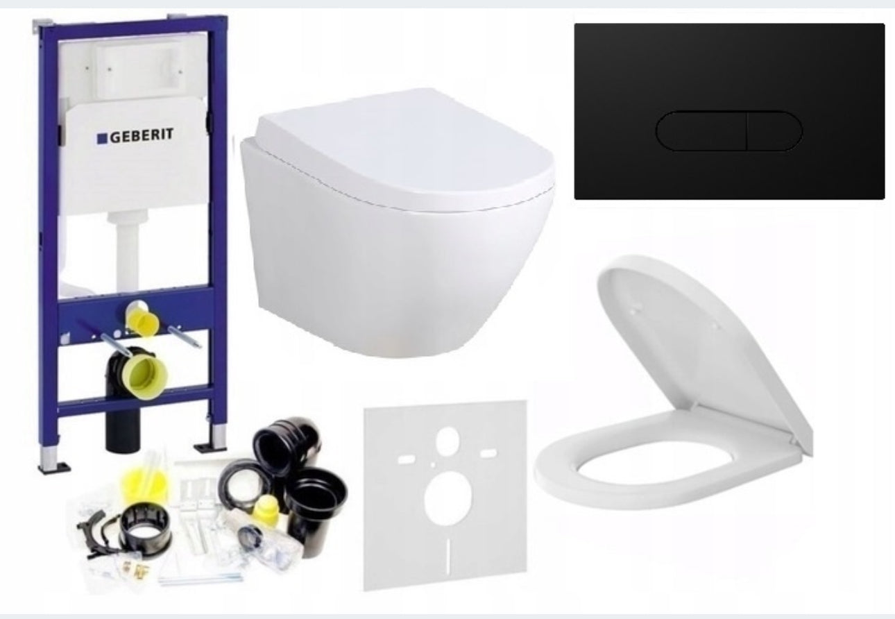 Toilet Concealed Set 7in1 Geberit Frame + Duo Rimless Wc + Board + Button