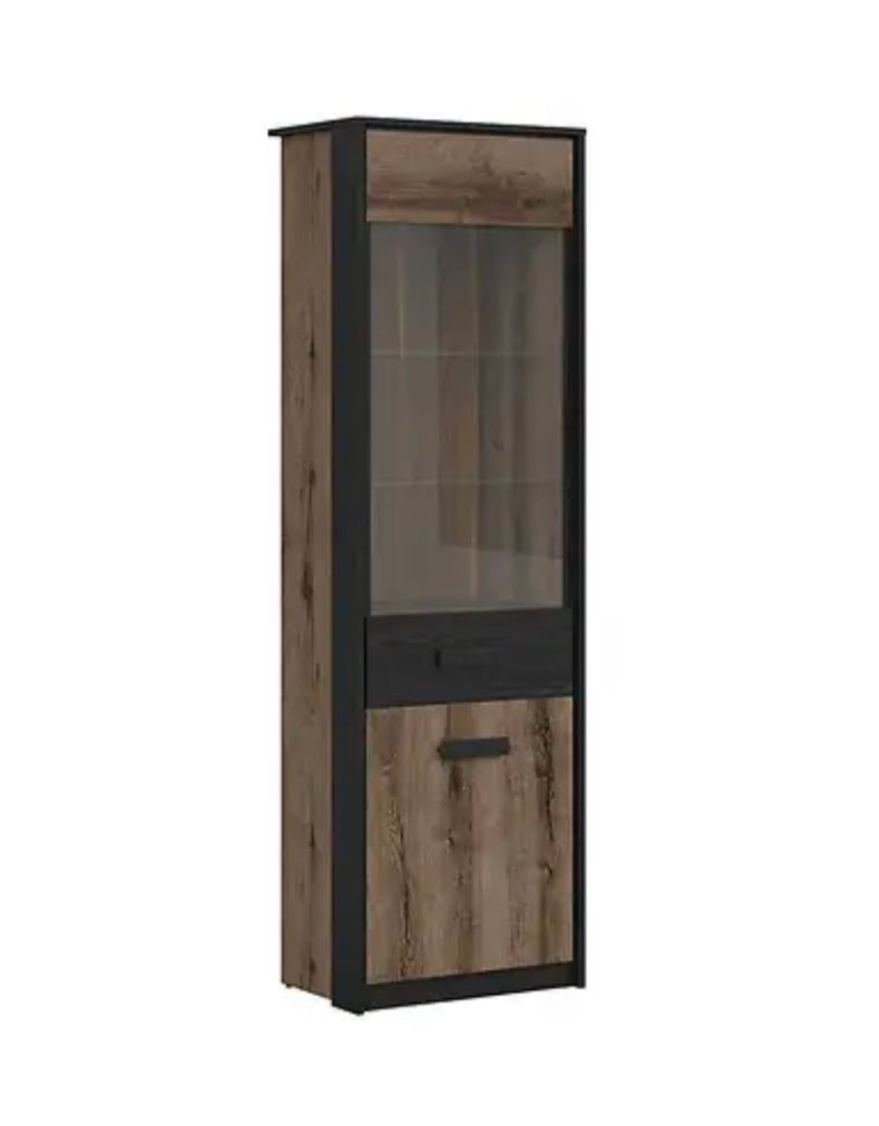 Tall Glass Display Cabinet Slim Shelf Unit Buffet LED Lights Oak/Black Effect