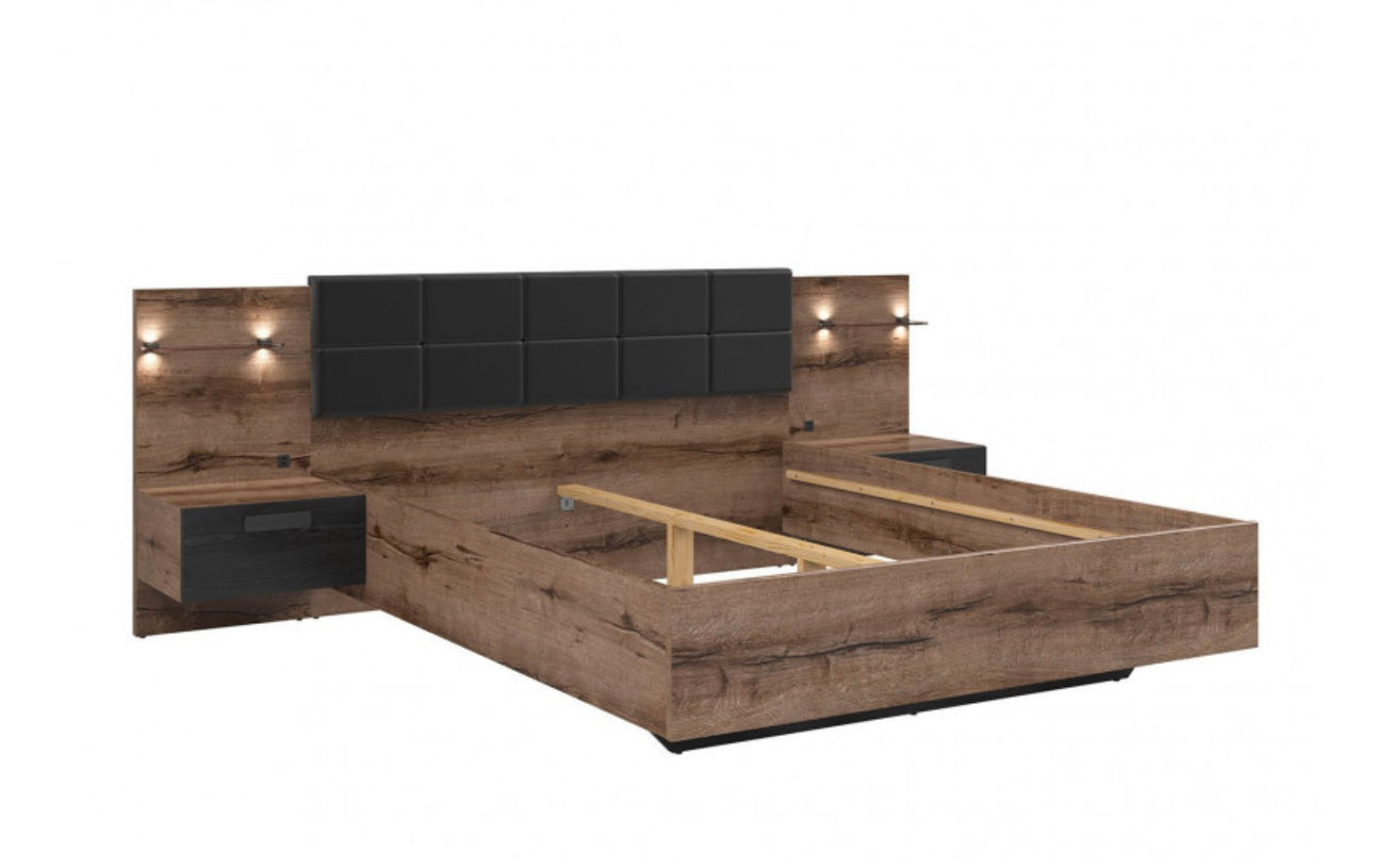 King Size Bed Euro Frame Built-in Bedside Cabinets USB LED Lights Oak/Black