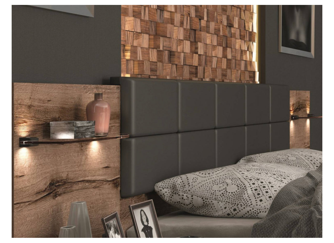 King Size Bed Euro Frame Built-in Bedside Cabinets USB LED Lights Oak/Black