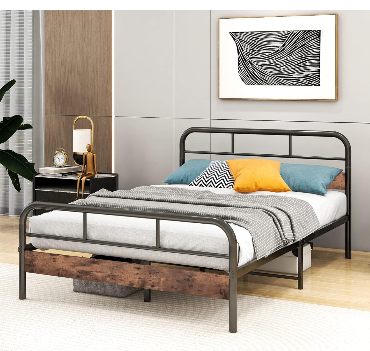 Double Bed Frame with Wood Headboard