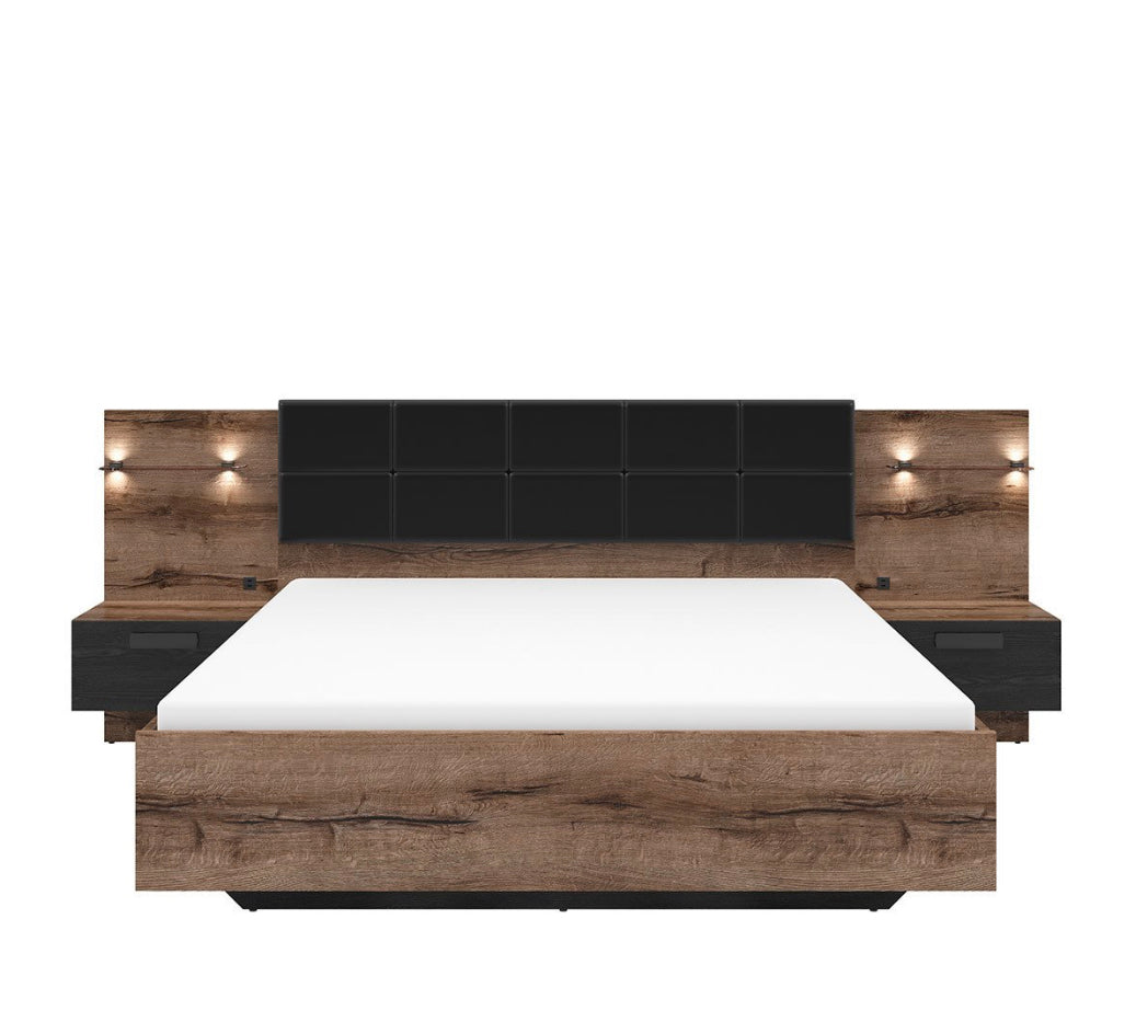 King Size Bed Euro Frame Built-in Bedside Cabinets USB LED Lights Oak/Black