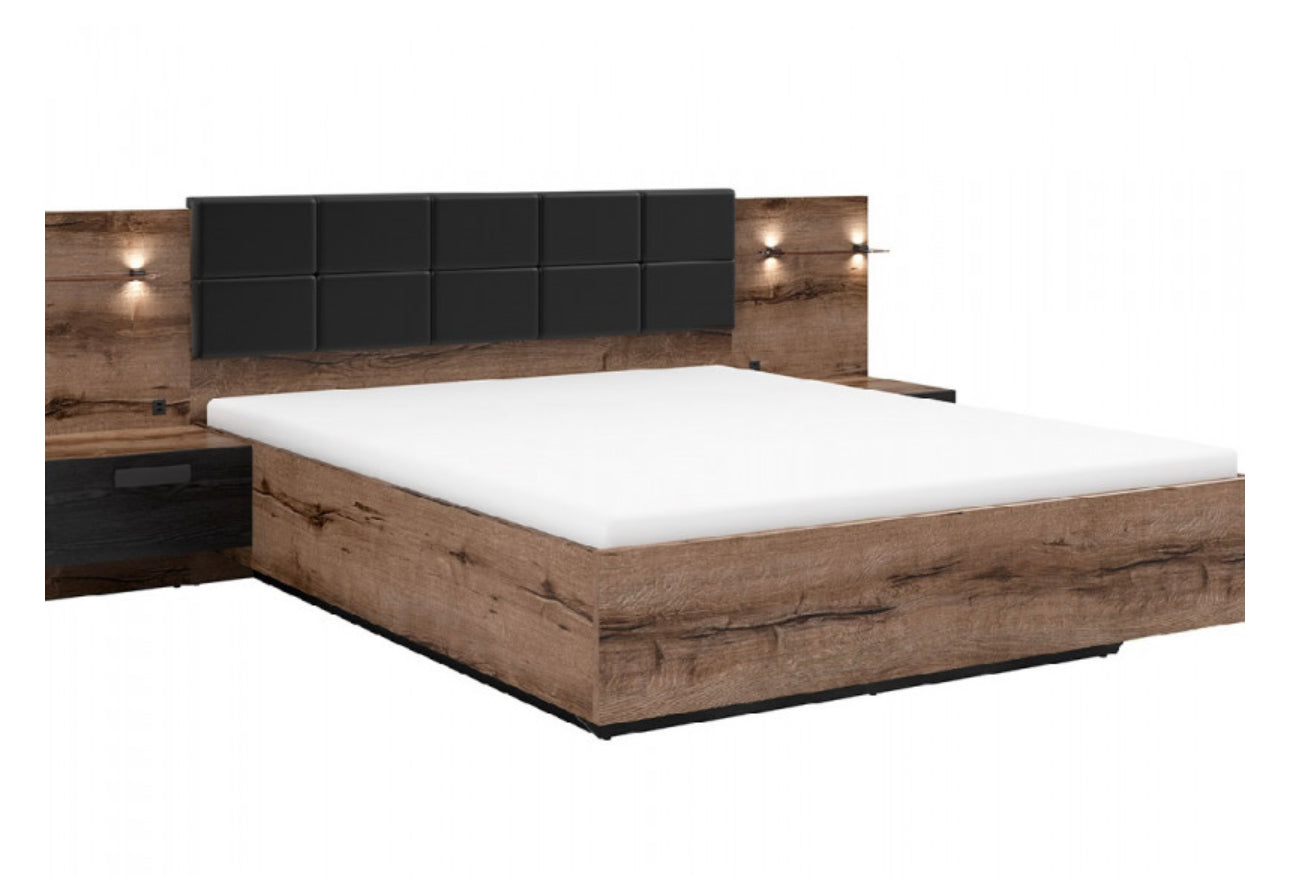 King Size Bed Euro Frame Built-in Bedside Cabinets USB LED Lights Oak/Black