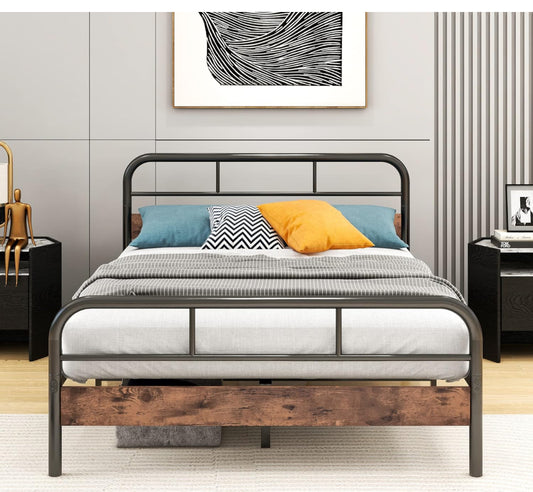 Double Bed Frame with Wood Headboard