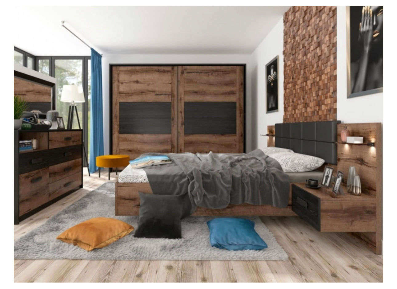 King Size Bed Euro Frame Built-in Bedside Cabinets USB LED Lights Oak/Black