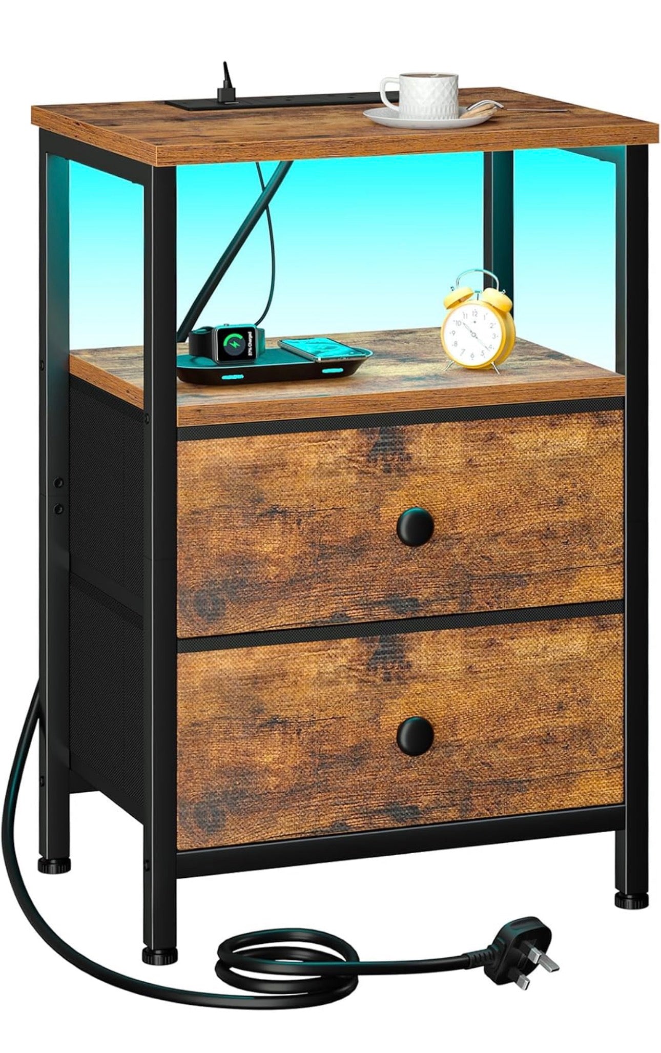 Bedside Table, Side Table with Charging Station, Bed Side Table
Night Stand with LED Light and 2 Fabric Drawers, Bedside Cabinet with Open Storage Shelf for Living Room, Bedroom, Brown
