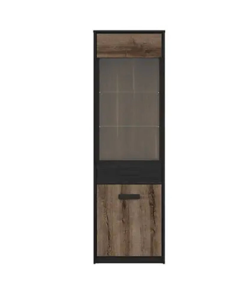 Tall Glass Display Cabinet Slim Shelf Unit Buffet LED Lights Oak/Black Effect