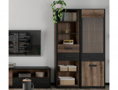 Tall Glass Display Cabinet Slim Shelf Unit Buffet LED Lights Oak/Black Effect