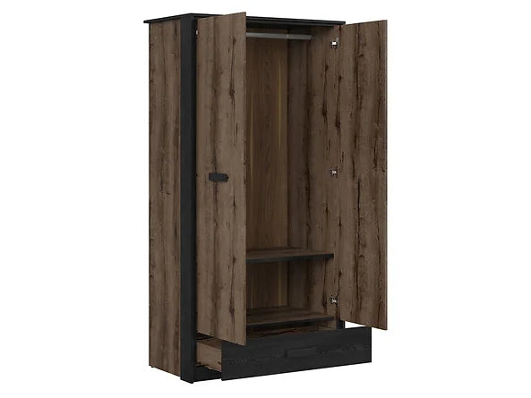 Double Wardrobe with Drawer Hanging Rail 2 Door Storage Unit Oak/Black Effect
