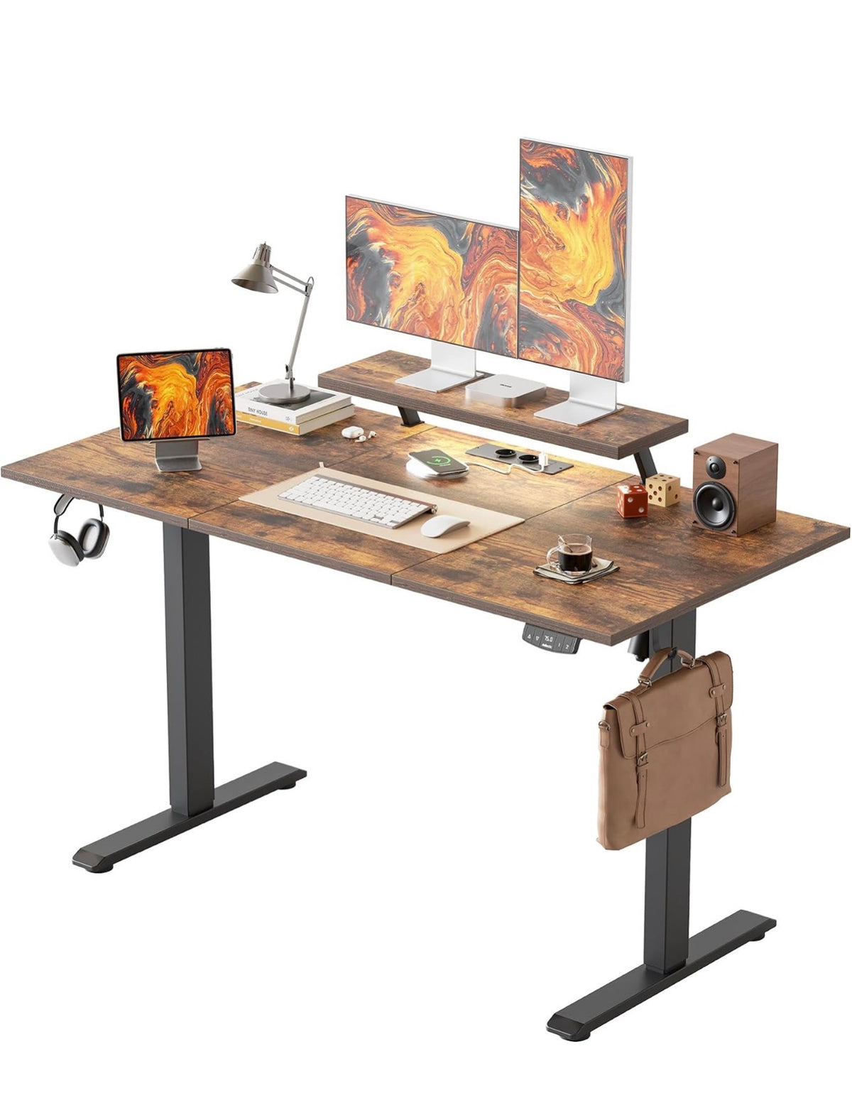 Electric Standing Desk, Led & Plug, Movable Monitorstand, 140x6072-116cm Height, Standing desk with 2 Memory Buttons, Sit Stand Computer Desk for Home Office, 3 pcs Desktops, Brown