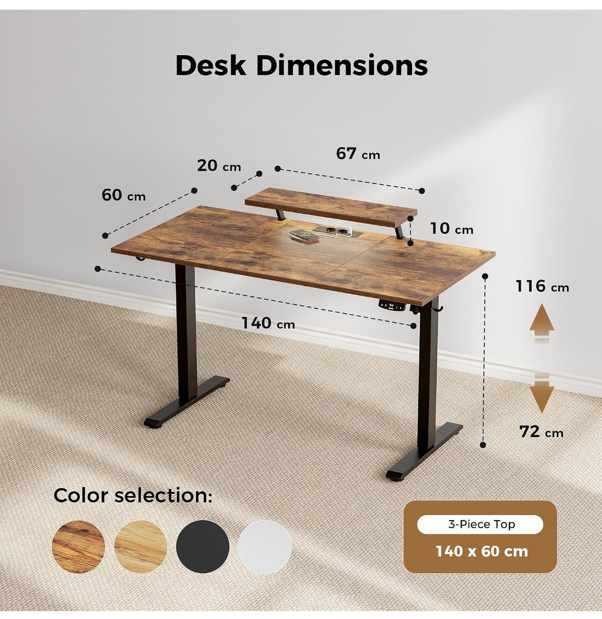 Electric Standing Desk, Led & Plug, Movable Monitorstand, 140x6072-116cm Height, Standing desk with 2 Memory Buttons, Sit Stand Computer Desk for Home Office, 3 pcs Desktops, Brown