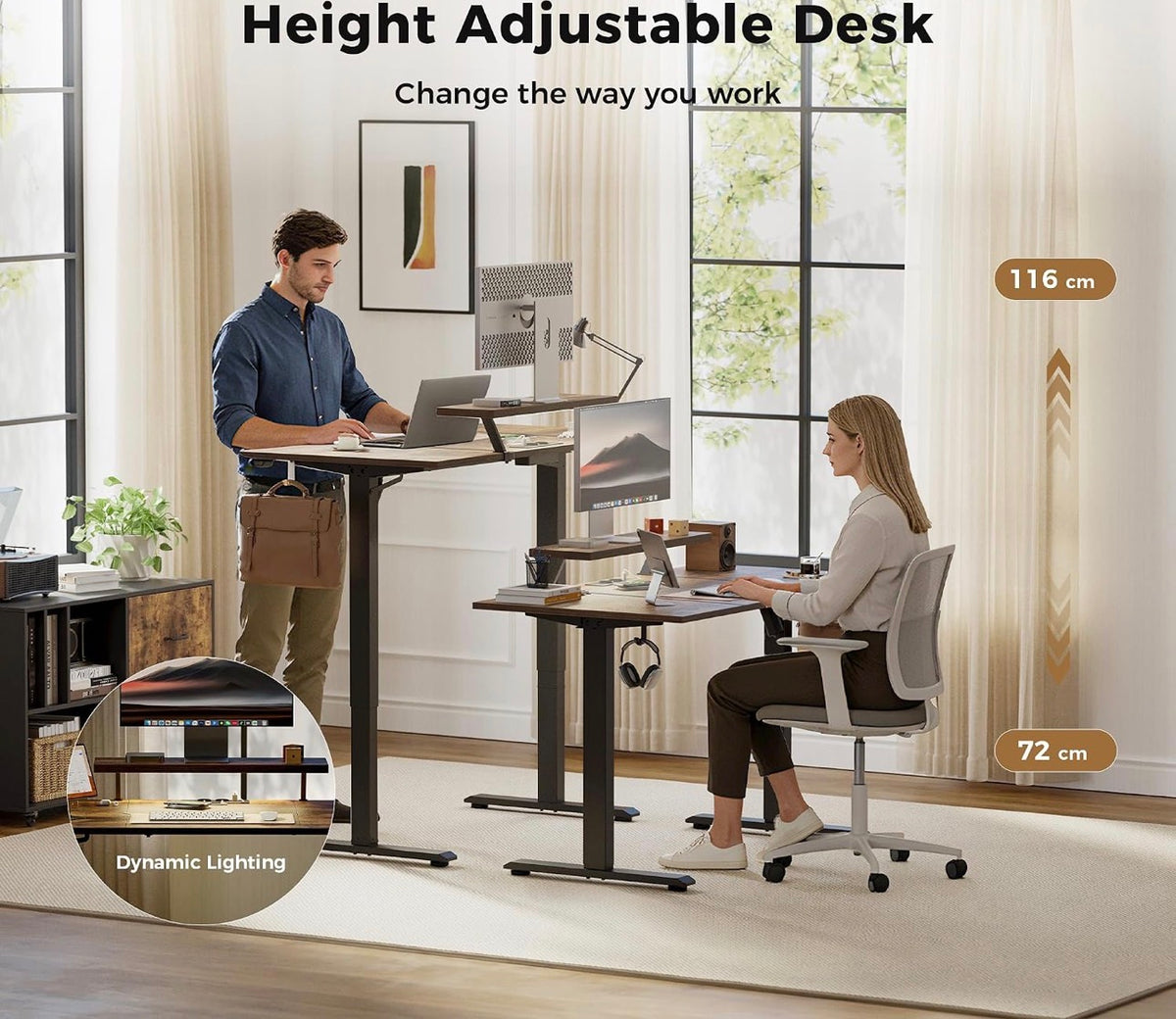 Electric Standing Desk, Led & Plug, Movable Monitorstand, 140x6072-116cm Height, Standing desk with 2 Memory Buttons, Sit Stand Computer Desk for Home Office, 3 pcs Desktops, Brown