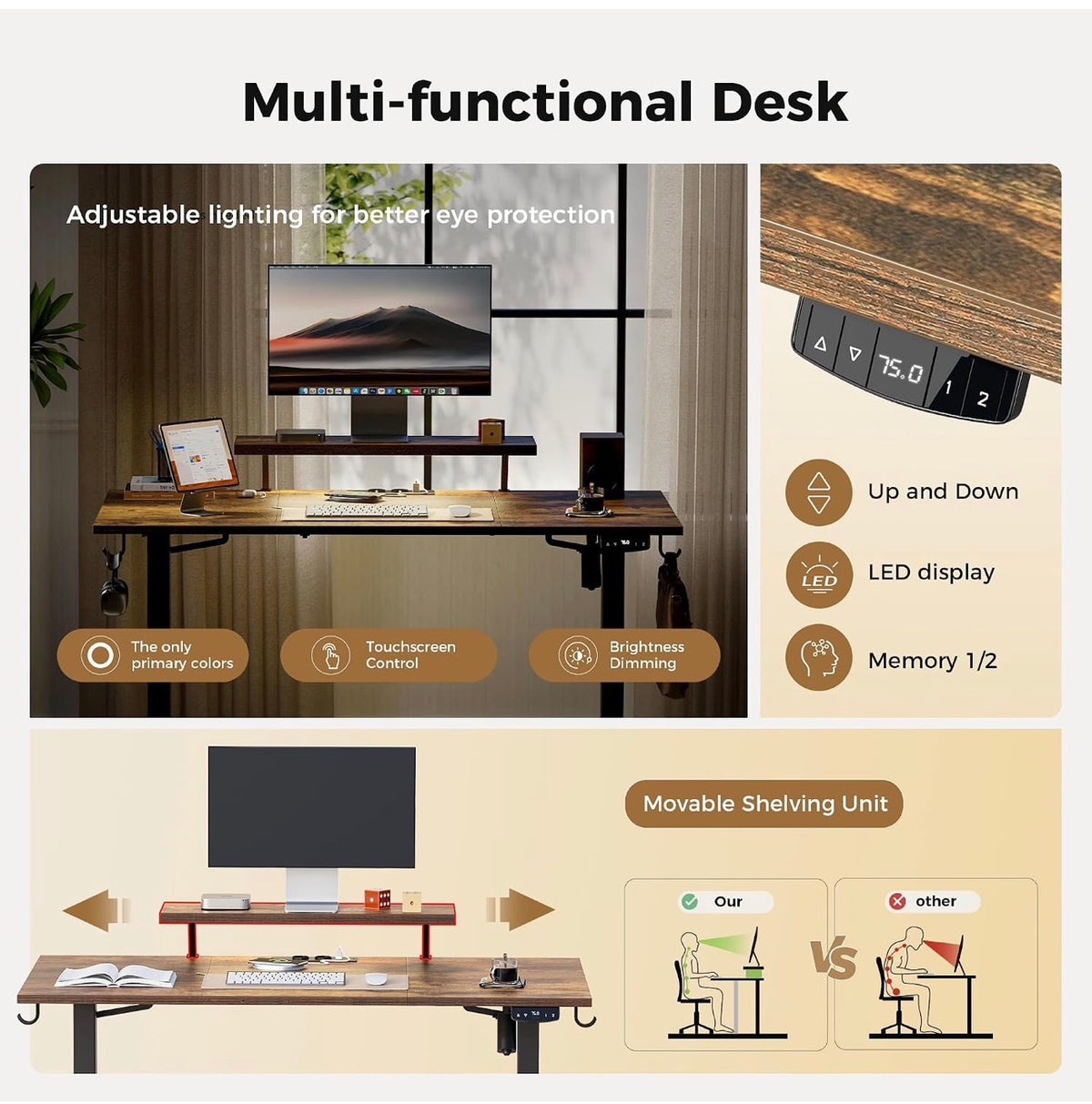Electric Standing Desk, Led & Plug, Movable Monitorstand, 140x6072-116cm Height, Standing desk with 2 Memory Buttons, Sit Stand Computer Desk for Home Office, 3 pcs Desktops, Brown