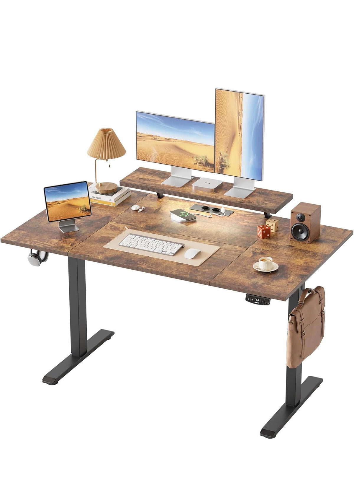 Electric Standing Desk, Led & Plug, Movable Monitorstand, 140x8072-116cm Height, Standing desk with 2 Memory Buttons, Sit Stand Computer Desk for Home Office, 4 pcs Desktops, Brown