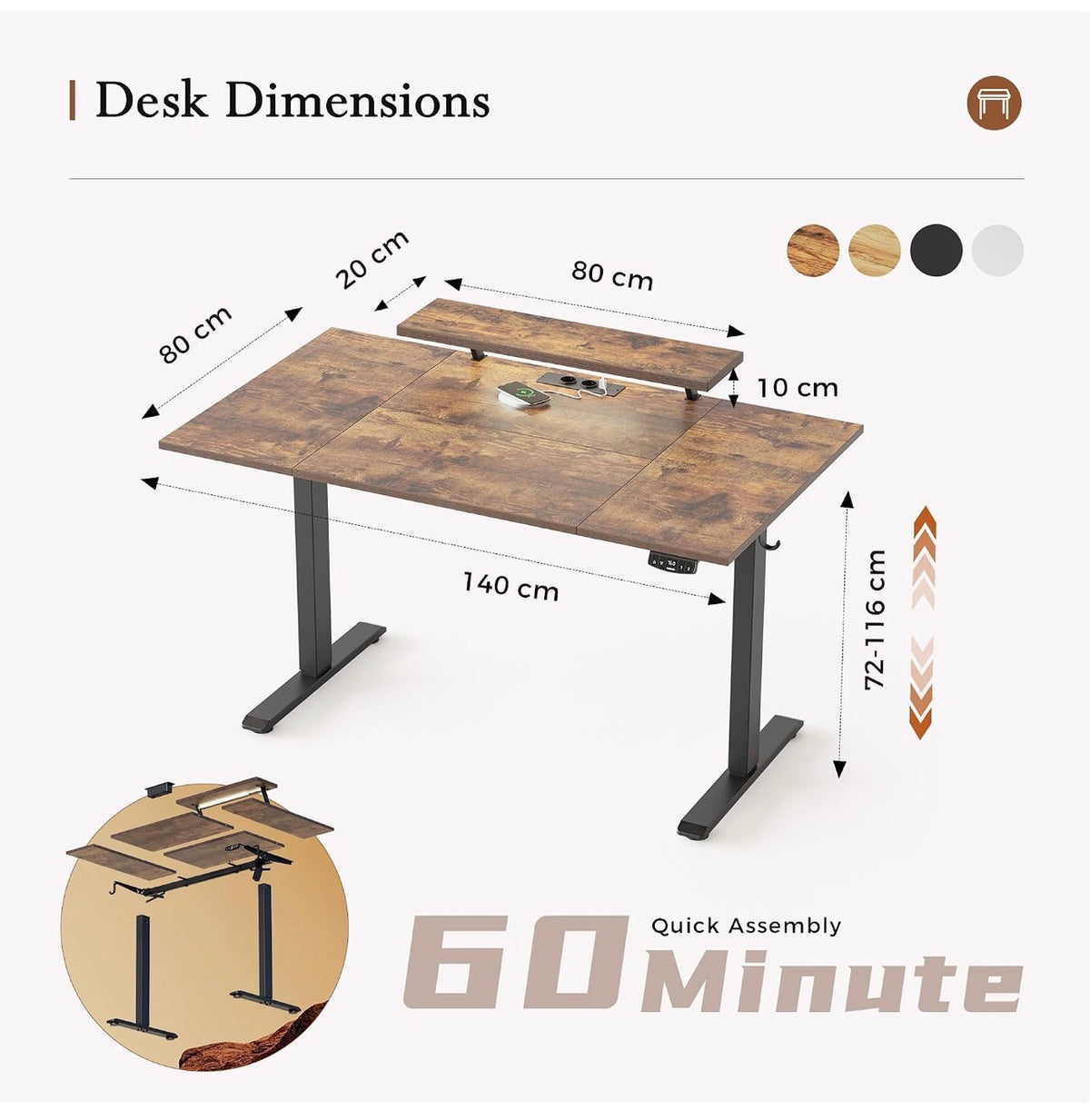 Electric Standing Desk, Led & Plug, Movable Monitorstand, 140x8072-116cm Height, Standing desk with 2 Memory Buttons, Sit Stand Computer Desk for Home Office, 4 pcs Desktops, Brown