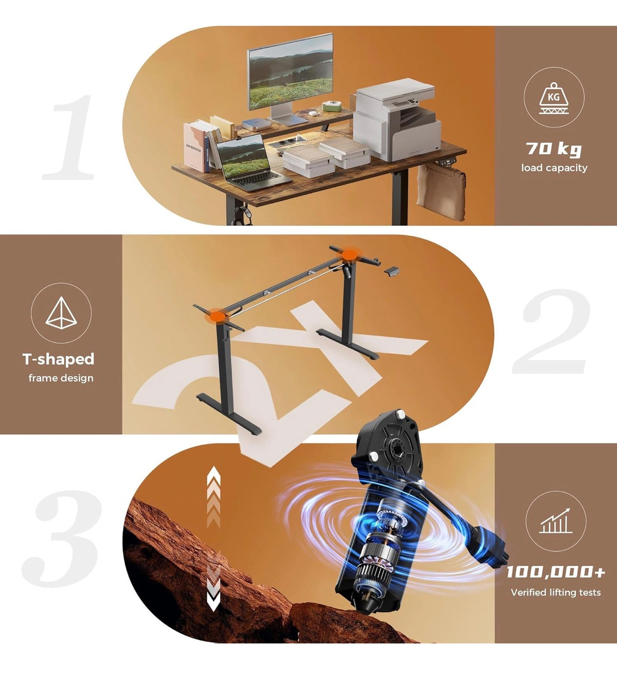 Electric Standing Desk, Led & Plug, Movable Monitorstand, 140x8072-116cm Height, Standing desk with 2 Memory Buttons, Sit Stand Computer Desk for Home Office, 4 pcs Desktops, Brown