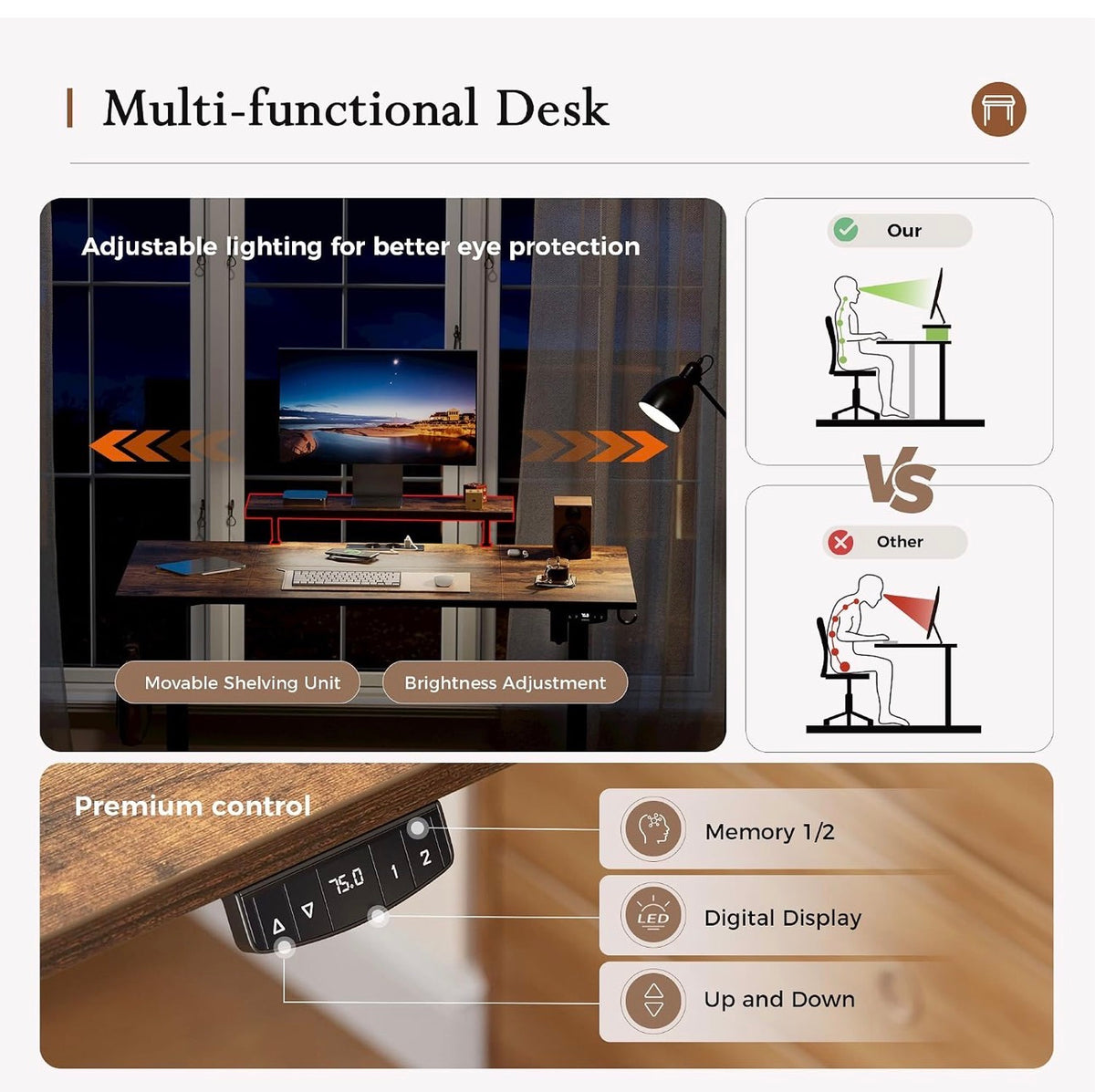 Electric Standing Desk, Led & Plug, Movable Monitorstand, 140x8072-116cm Height, Standing desk with 2 Memory Buttons, Sit Stand Computer Desk for Home Office, 4 pcs Desktops, Brown