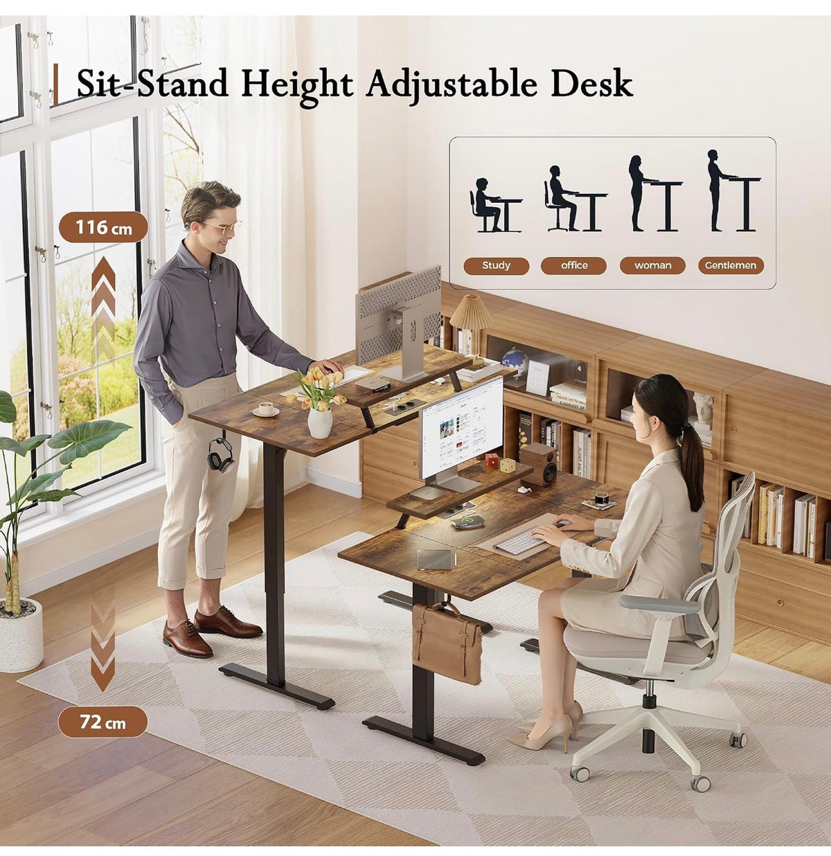 Electric Standing Desk, Led & Plug, Movable Monitorstand, 140x8072-116cm Height, Standing desk with 2 Memory Buttons, Sit Stand Computer Desk for Home Office, 4 pcs Desktops, Brown