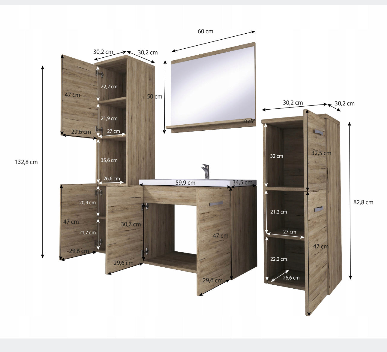 All in one set washbasin+bathroom furniture+mirror