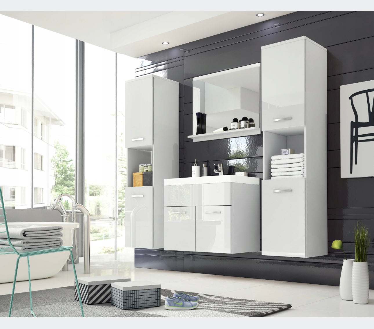 All in one set washbasin+bathroom furniture+mirror