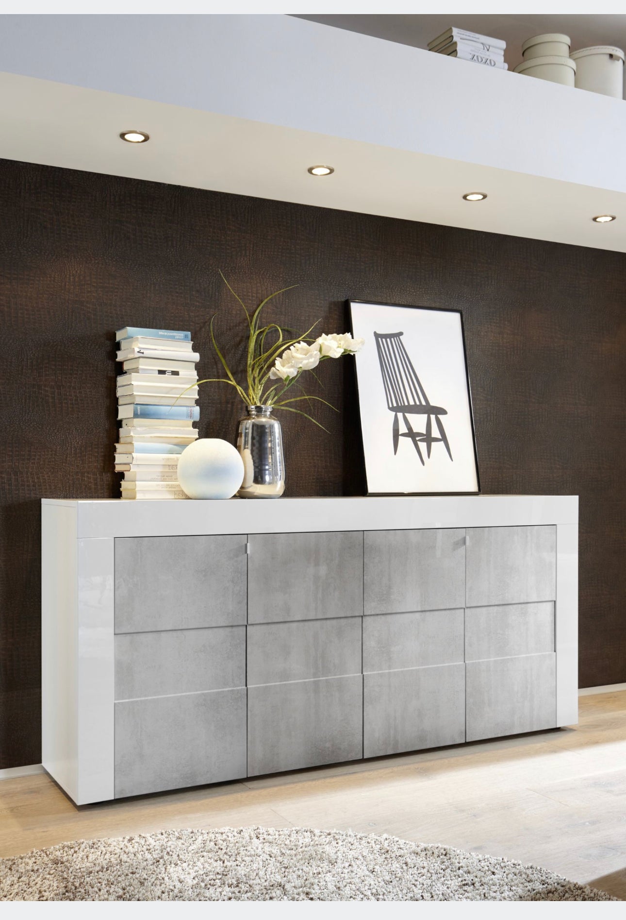 Beauty 4-door chest of drawers, white gloss lacquer + concrete look