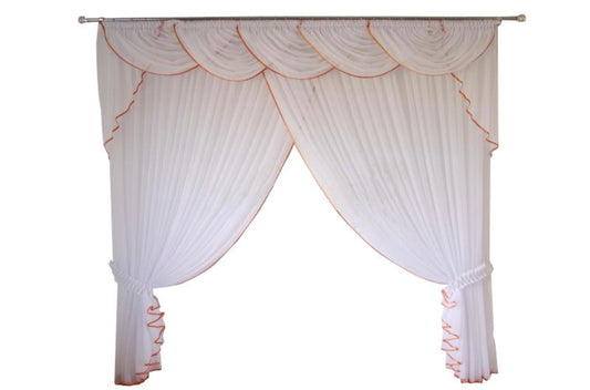Curtain Elegance with a wave lambrequin and orange trimming