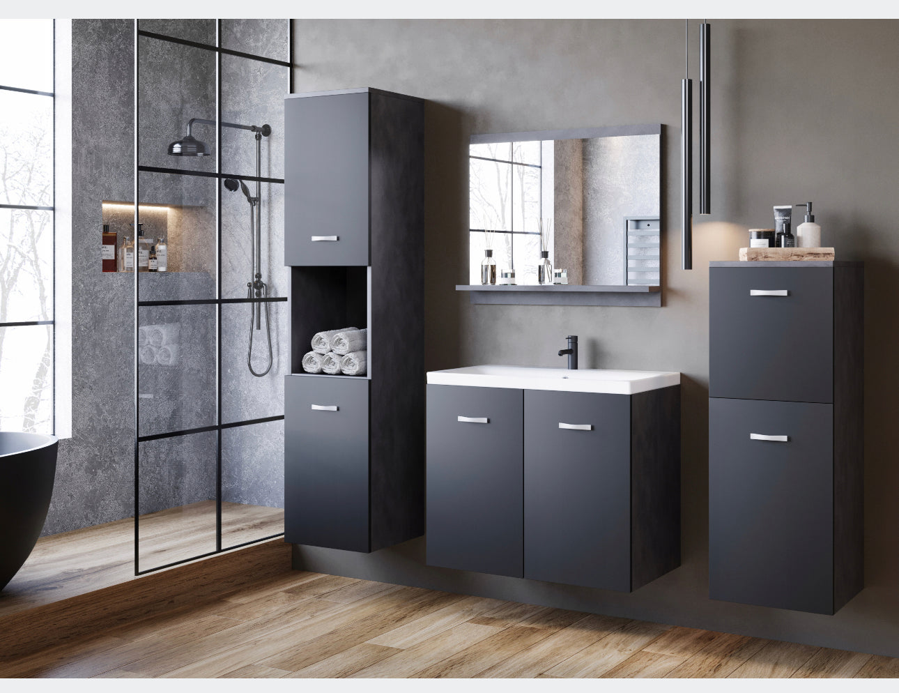 All in one set washbasin+bathroom furniture+mirror