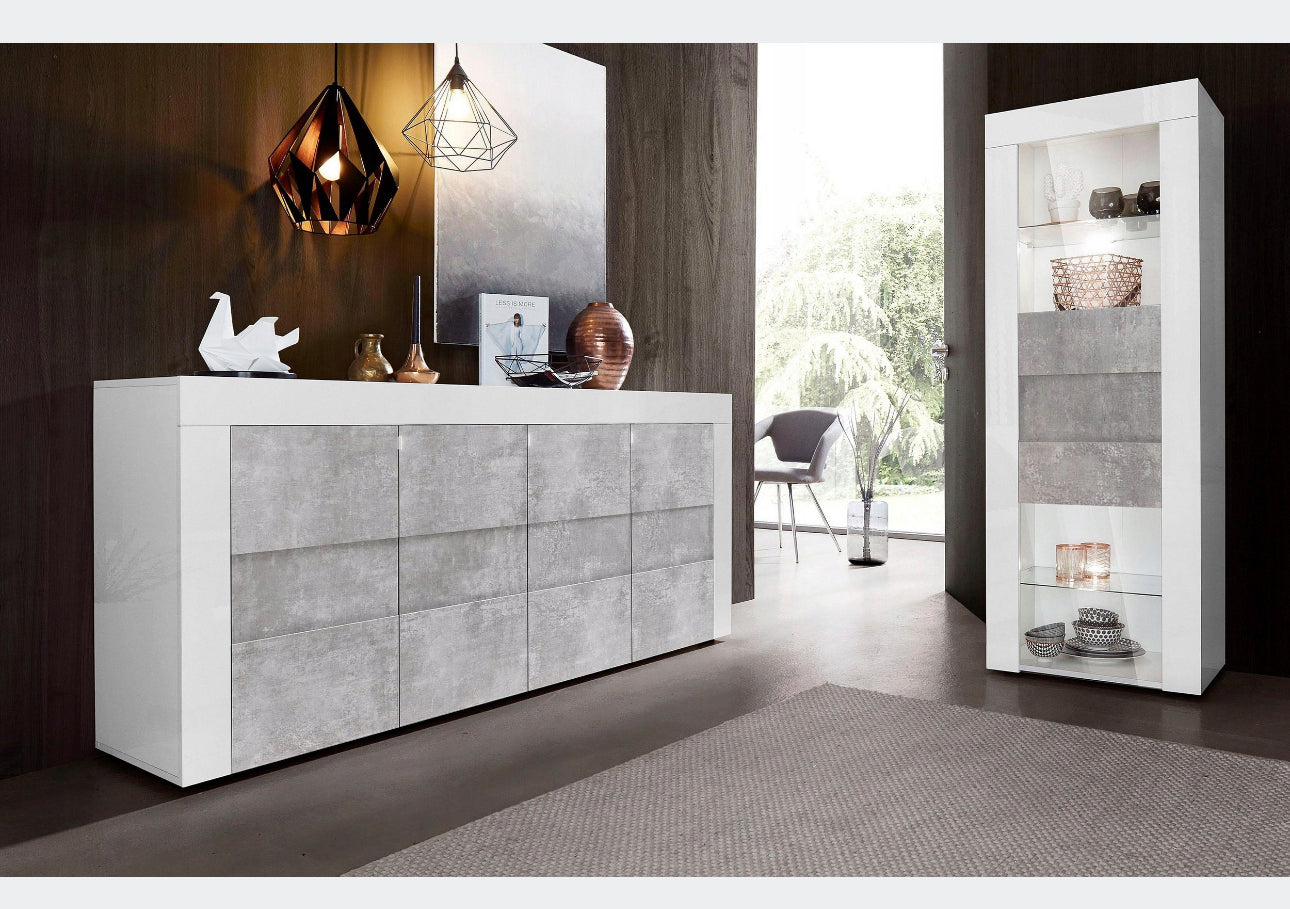 Beauty 4-door chest of drawers, white gloss lacquer + concrete look