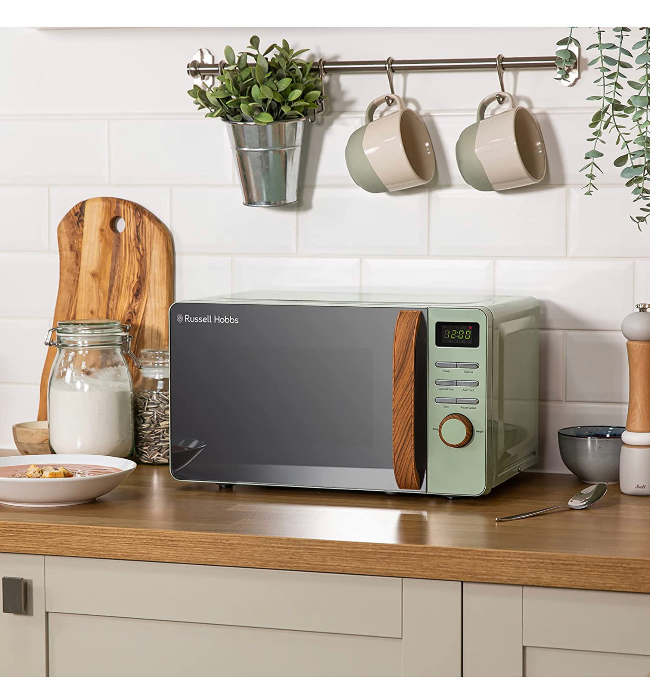 Matt Green Digital Microwave with Wood Effect handle and dials C