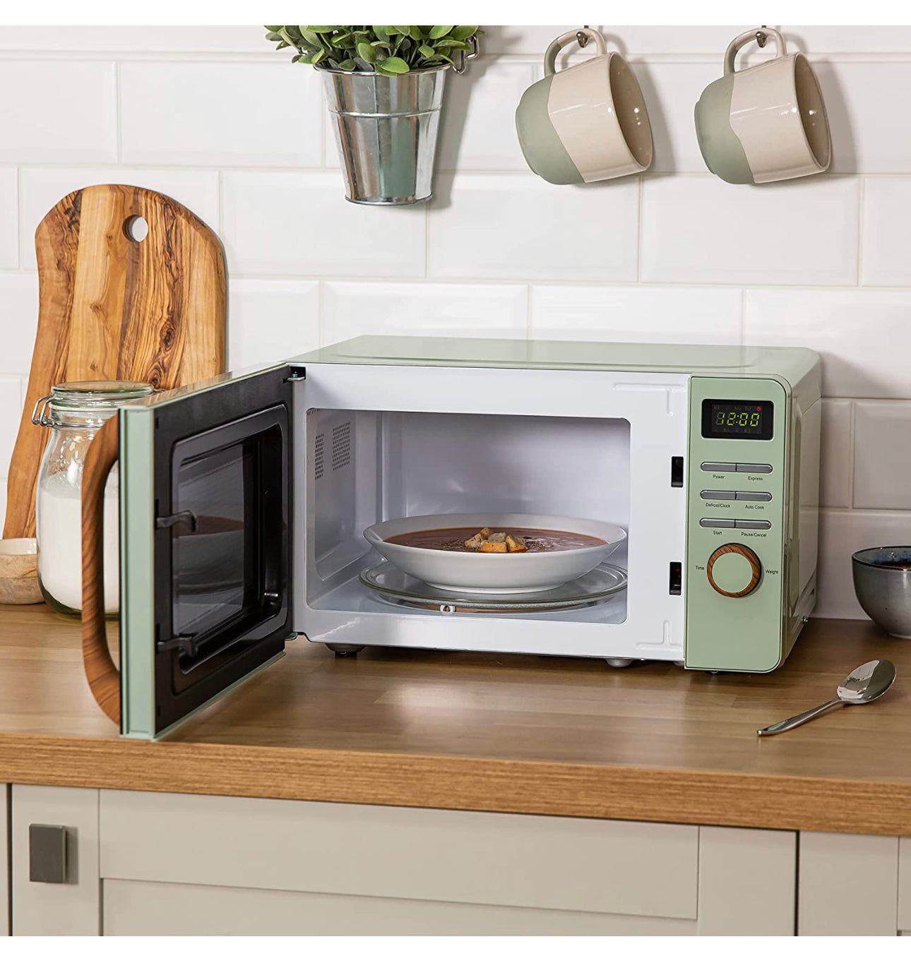Matt Green Digital Microwave with Wood Effect handle and dials C