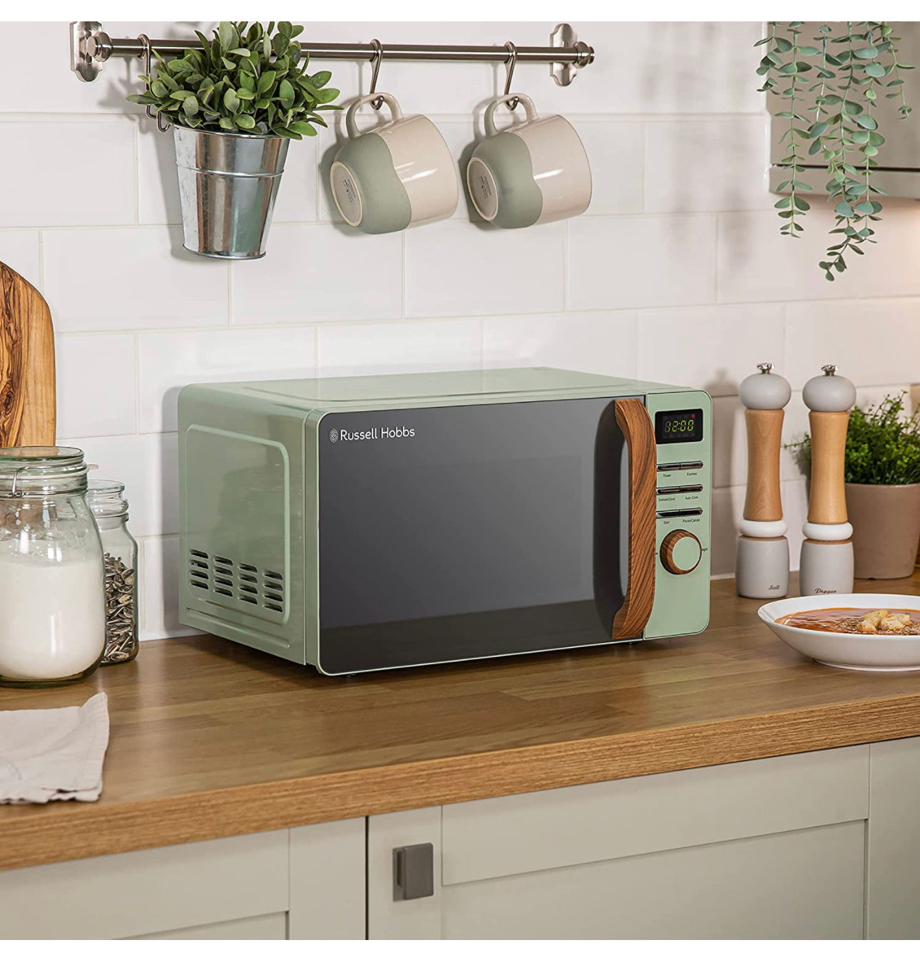 Matt Green Digital Microwave with Wood Effect handle and dials C