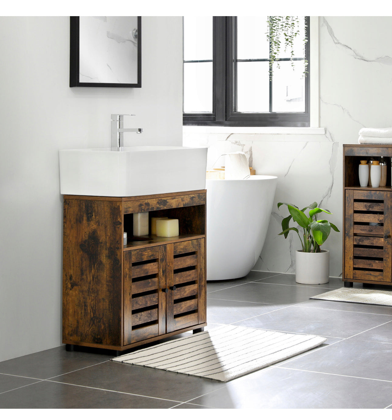 The brown LOFT standing cabinet under the washbasin