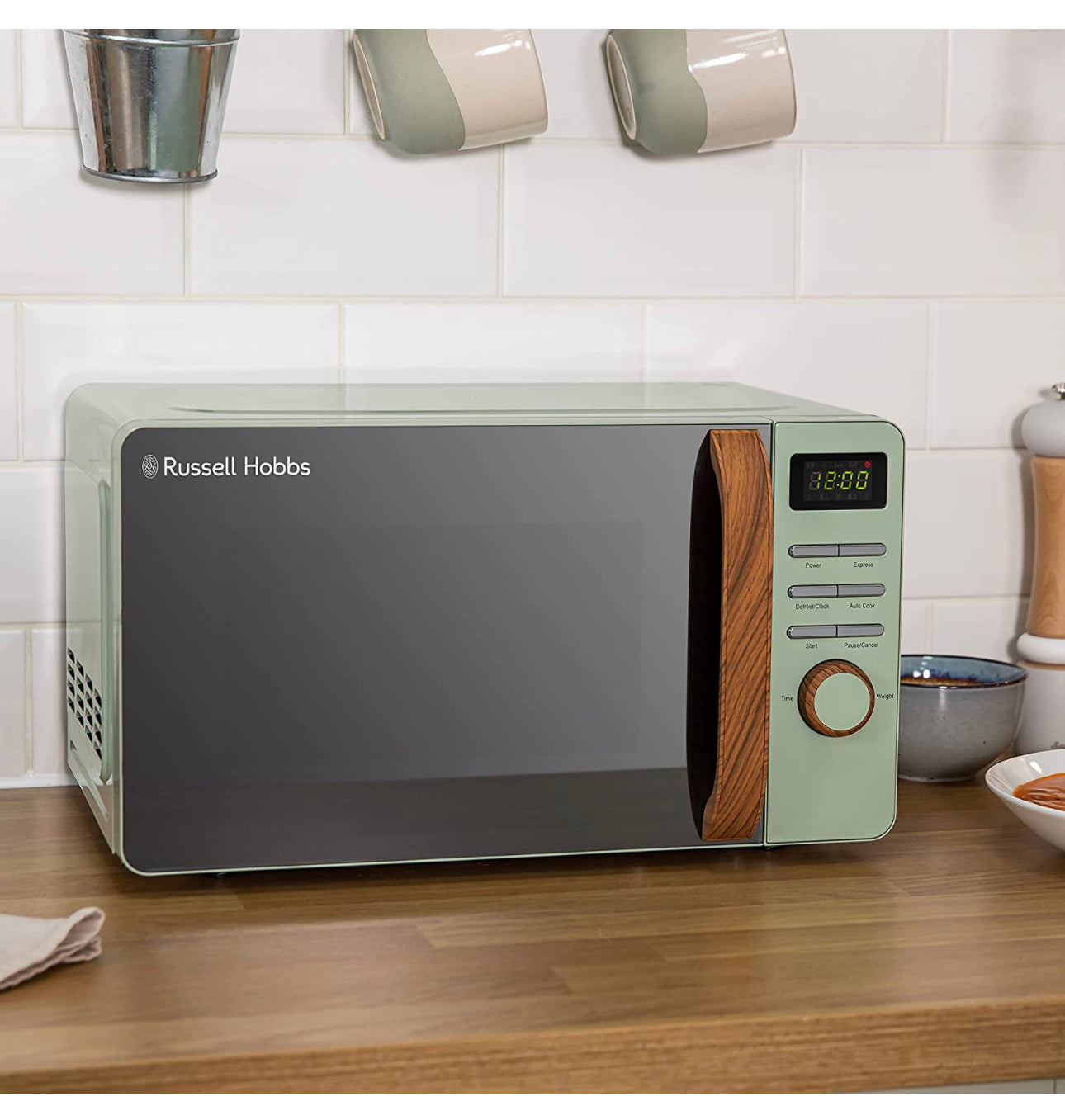 Matt Green Digital Microwave with Wood Effect handle and dials C