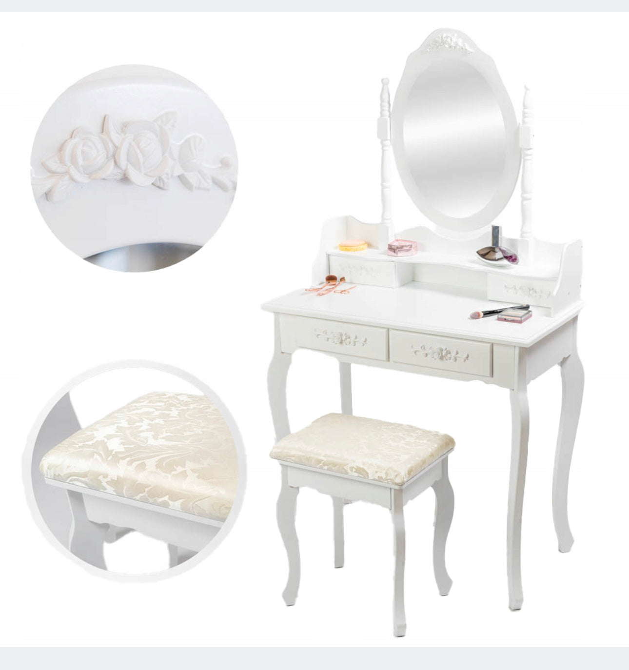 COSMETIC DRESSING SET with mirror white + STOOL