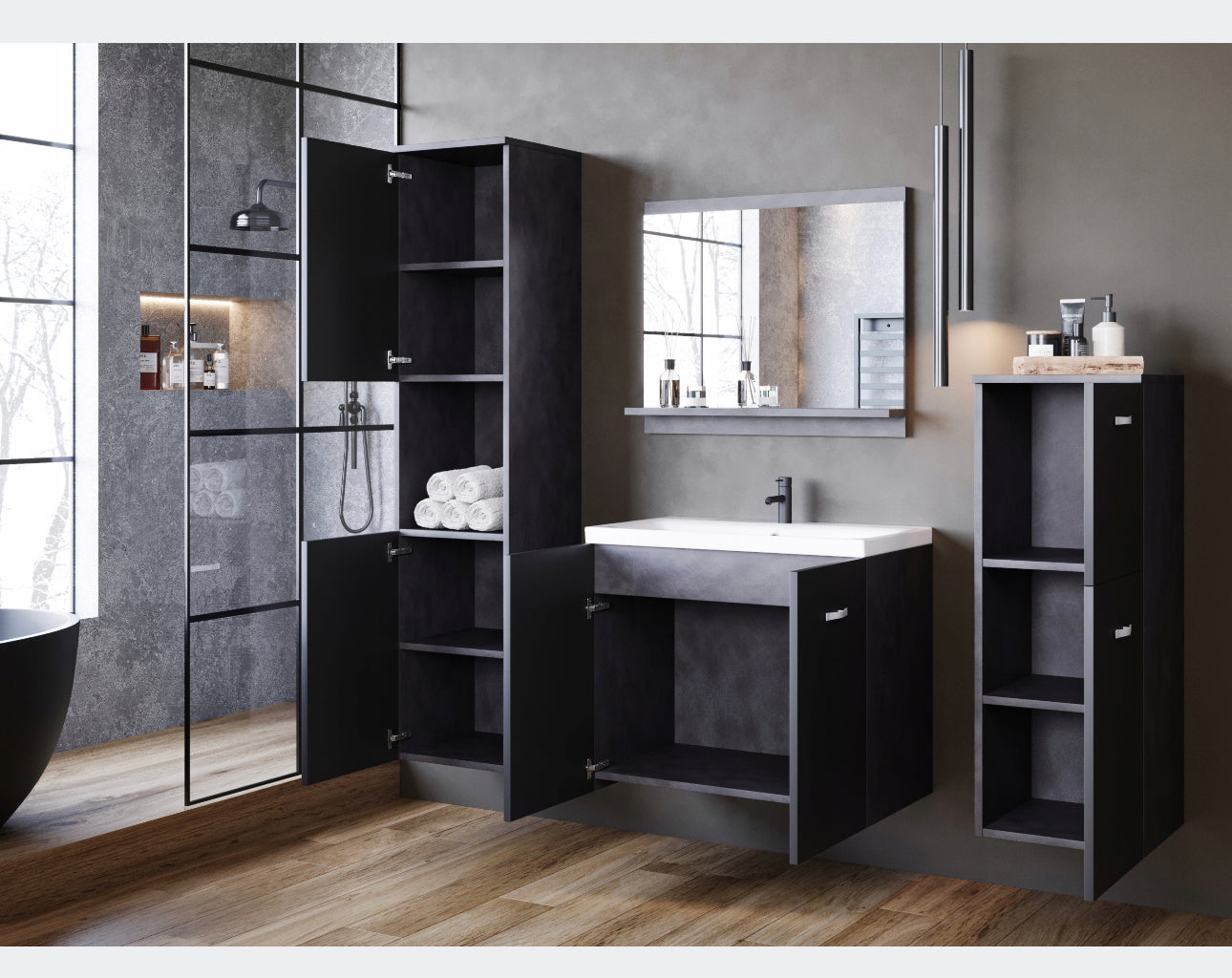 All in one set washbasin+bathroom furniture+mirror