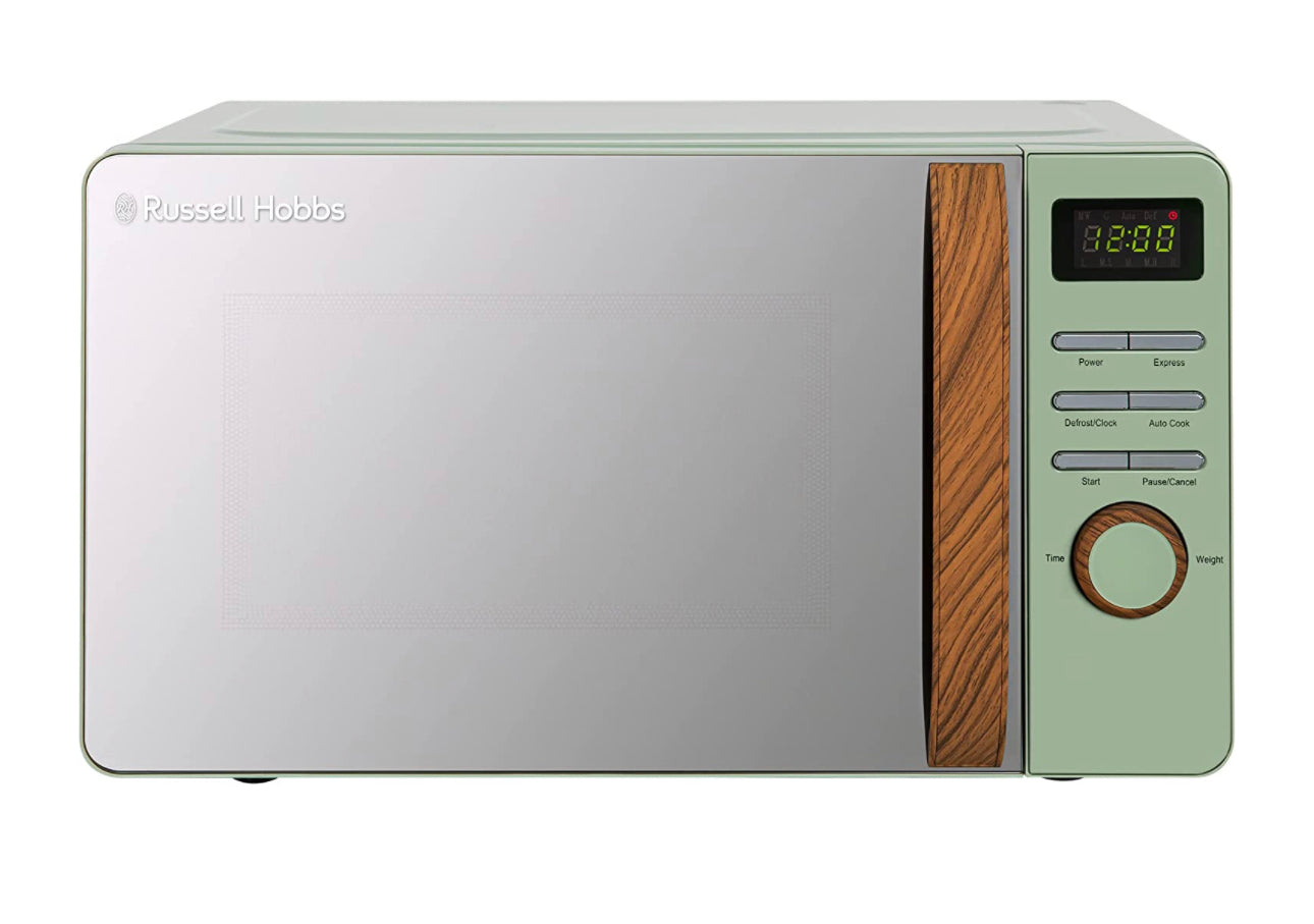 Matt Green Digital Microwave with Wood Effect handle and dials C