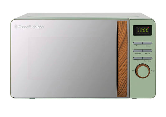 Matt Green Digital Microwave with Wood Effect handle and dials C