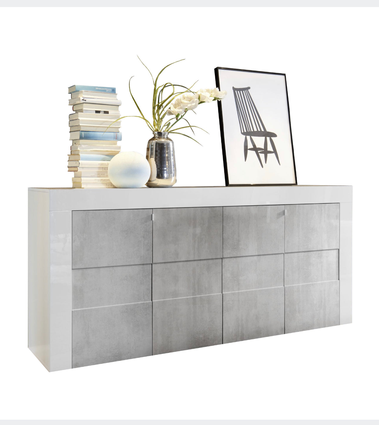 Beauty 4-door chest of drawers, white gloss lacquer + concrete look