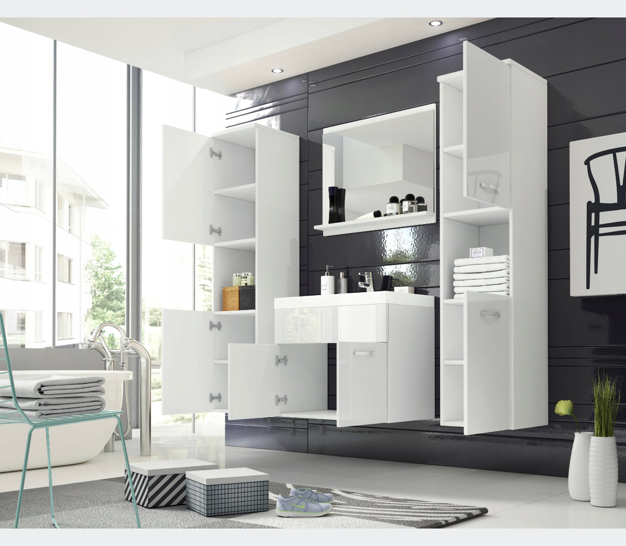 All in one set washbasin+bathroom furniture+mirror