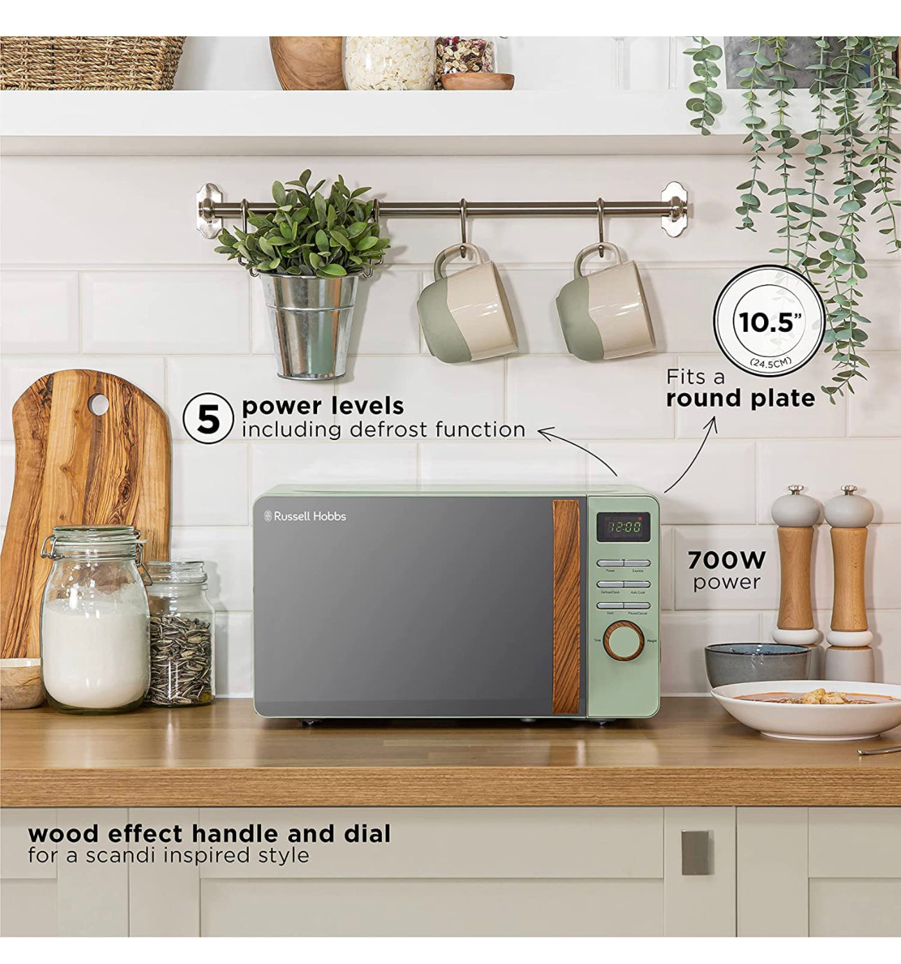 Matt Green Digital Microwave with Wood Effect handle and dials C